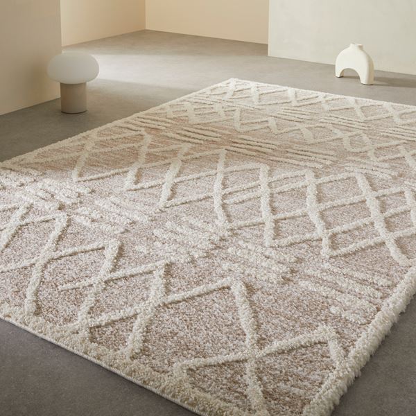 Tribal 626W Diamond Shaggy Rug in Beige Ivory - Beige